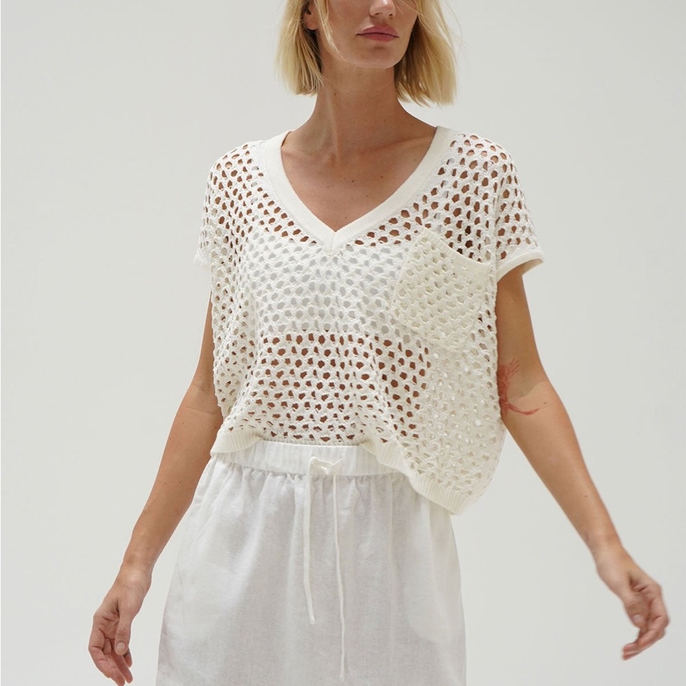 LNA White Isak V Neck Open Knit Crochet Top small